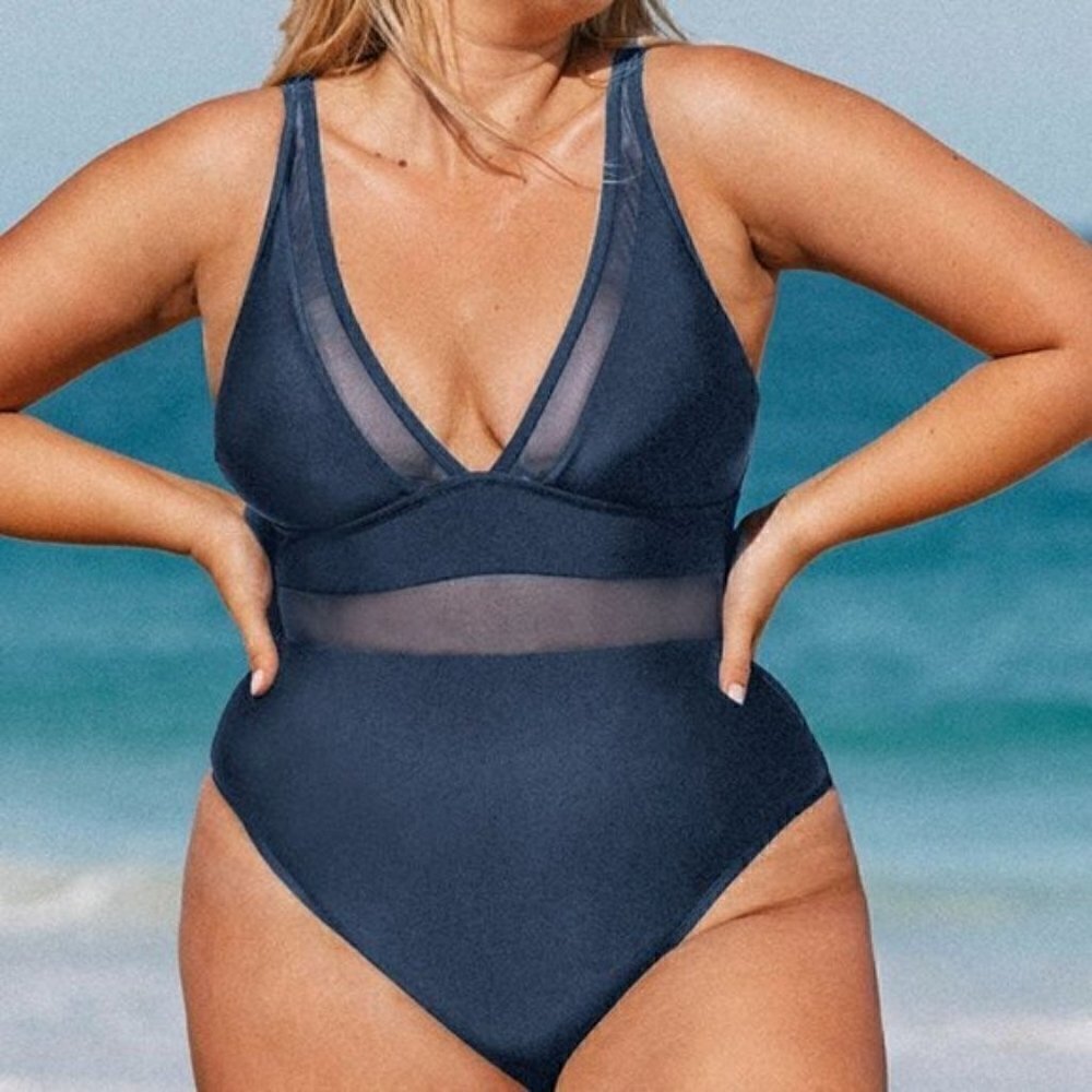 NWT Navy Blue One Piece Size 3X Plus Size V Neck Mesh Sheer Swimsuit